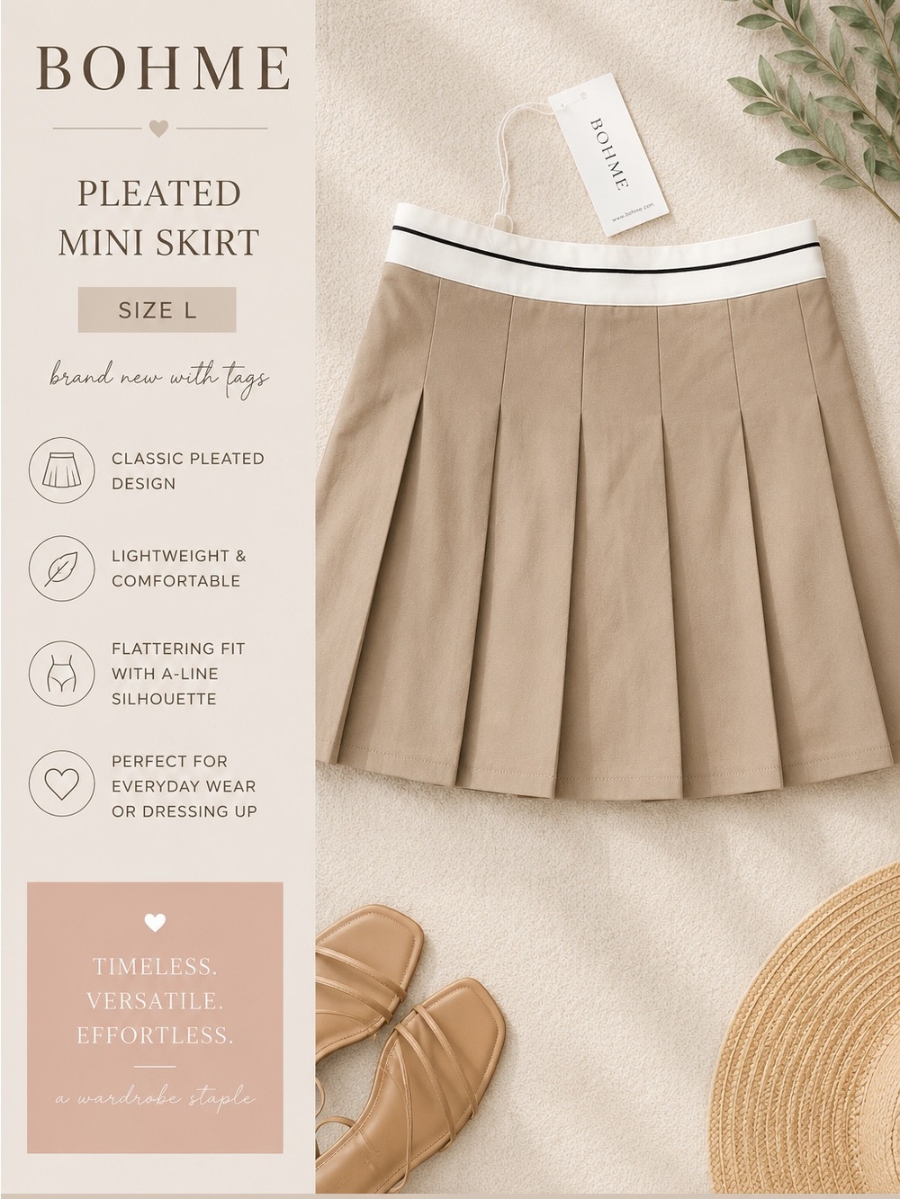 bohme Beige Pleated Mini Skirt with White and Black Contrast Waistband